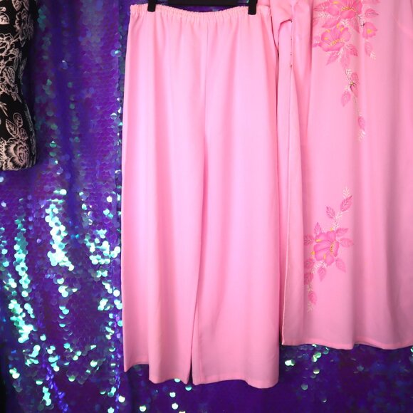 VINTAGE ASIAN LOUNGE SET L Floral Pink Pants PJs Sleepwear Pastel 70s Snaps - Picture 9 of 10